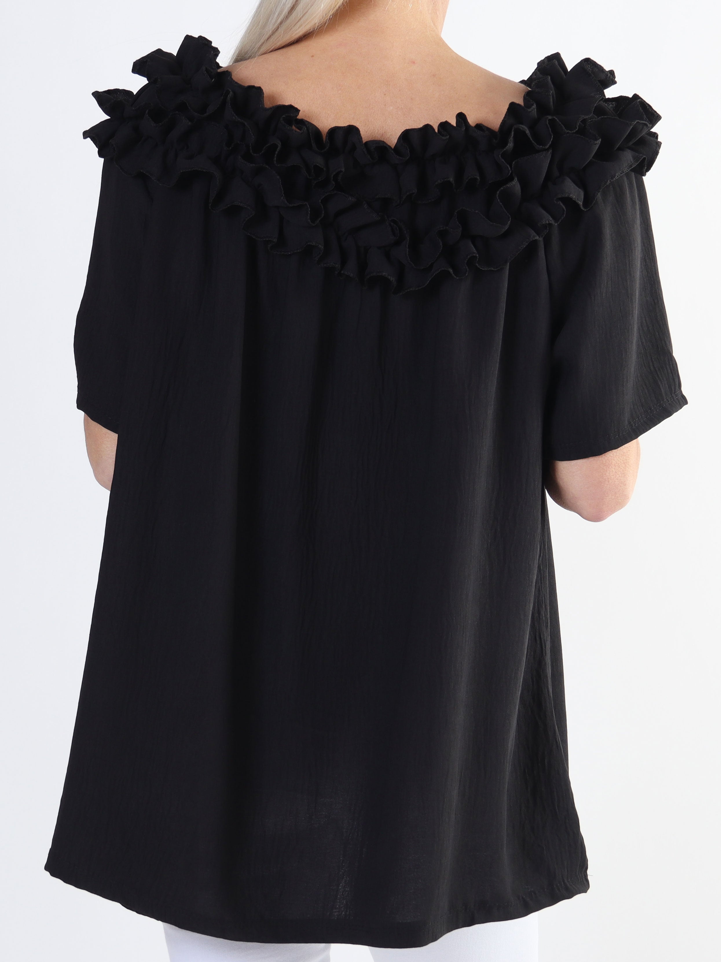 Chili Sleeveless - Plus size tunika med elastik og flæser i udskæringen